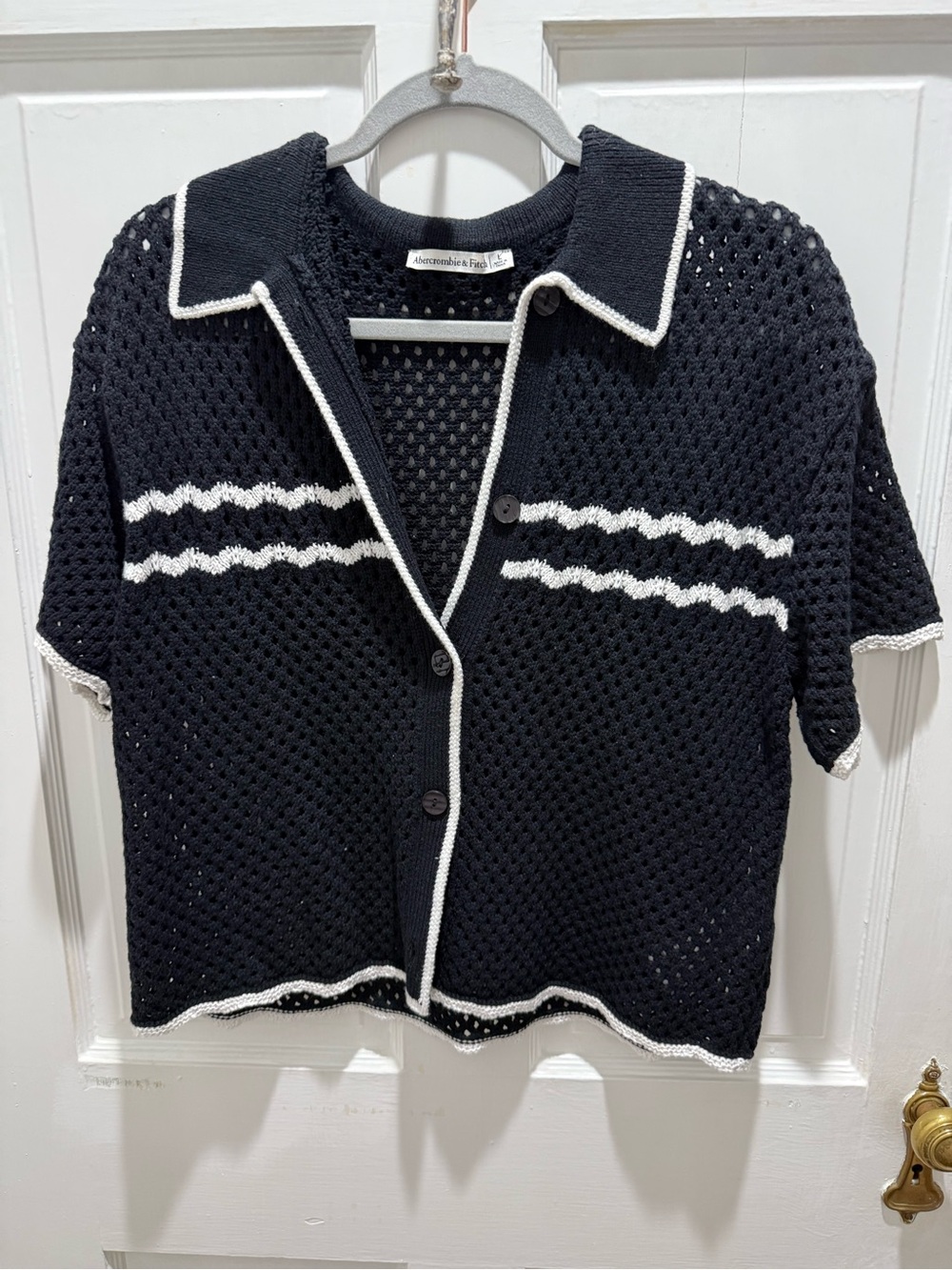 Abercrombie & Fitch Black Open-Knit Button Cardigan with White Trim